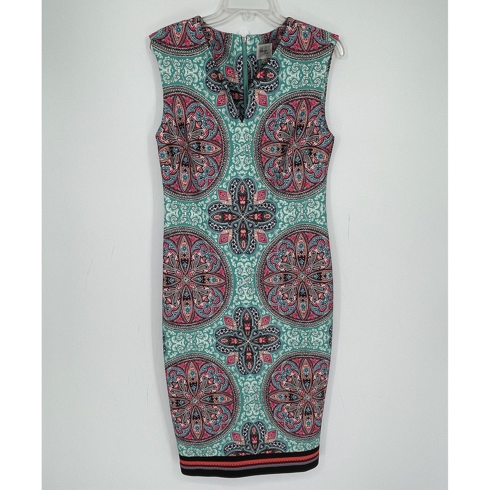 Beige by eci Women's Teal Medallion Scuba Stretch Boho Sheath Dress Size 10